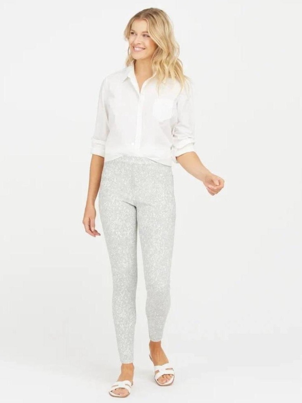 Spanx Ankle Jean-ish Leggings Womens Medium Gray White Speckled Pants Stretch
